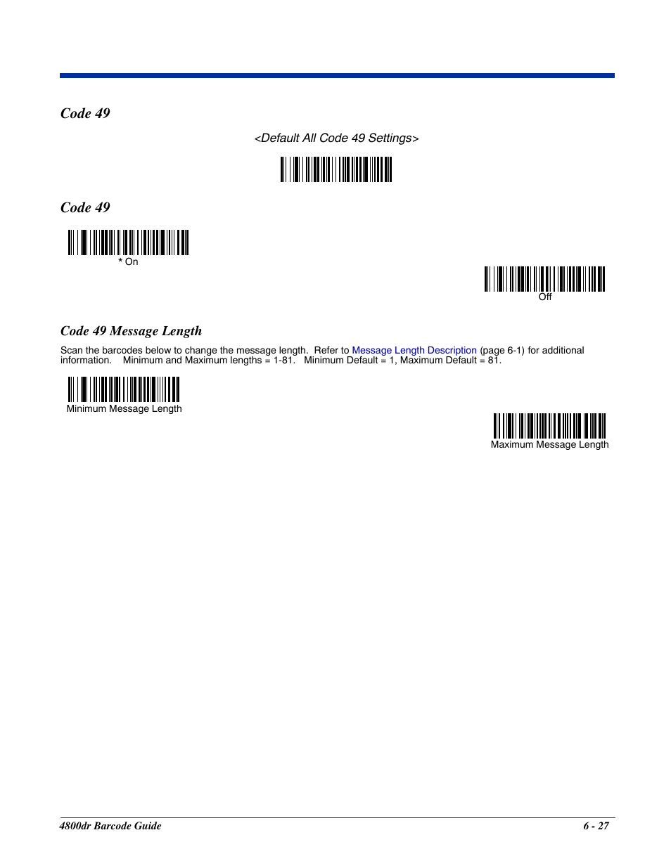 Code 49 message length, Code 49 -27, Code 49 message length -27 | Code 49 | HandHeld Entertainment Document Reader 4800dr User Manual | Page 75 / 140
