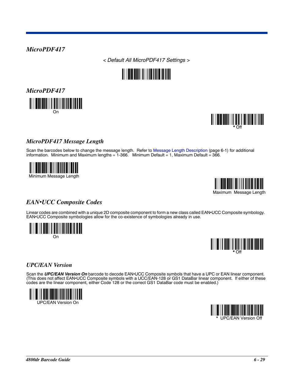 Micropdf417 message length, Upc/ean version, Micropdf417 -29 | Micropdf417 message length -29, Ean•ucc composite codes -29, Upc/ean version -29, Micropdf417, Ean•ucc composite codes, Ean • ucc composite codes | HandHeld Entertainment Document Reader 4800dr User Manual | Page 77 / 140