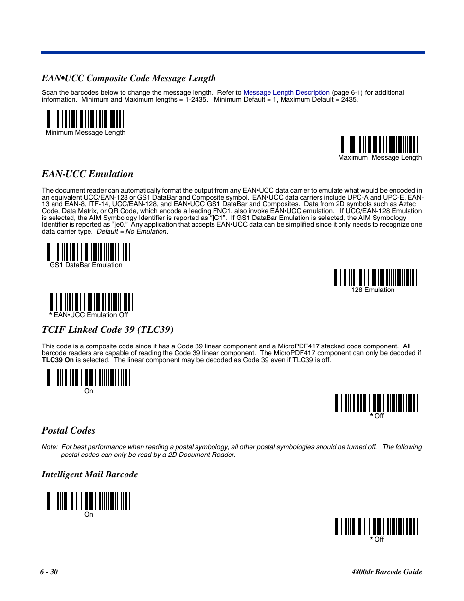 Ean.ucc composite code message length, Intelligent mail barcode, Ean•ucc composite code message length -30 | Postal codes -30, Intelligent mail barcode -30, Tcif linked code 39 (tlc39), Ucc emulation, Postal codes, Ean•ucc composite code message length | HandHeld Entertainment Document Reader 4800dr User Manual | Page 78 / 140