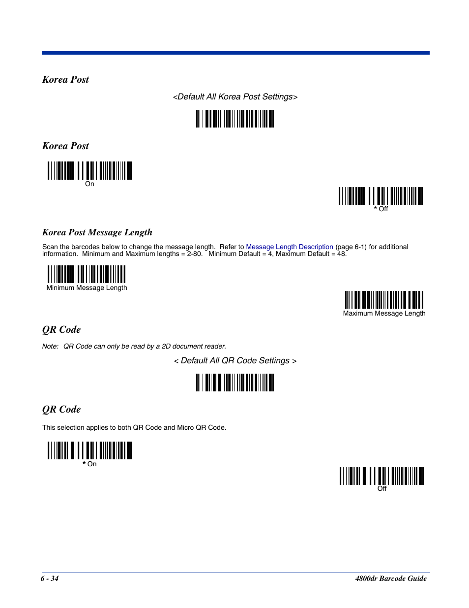 Korea post message length, Korea post -34, Korea post message length -34 | Qr code -34, Korea post, Qr code | HandHeld Entertainment Document Reader 4800dr User Manual | Page 82 / 140