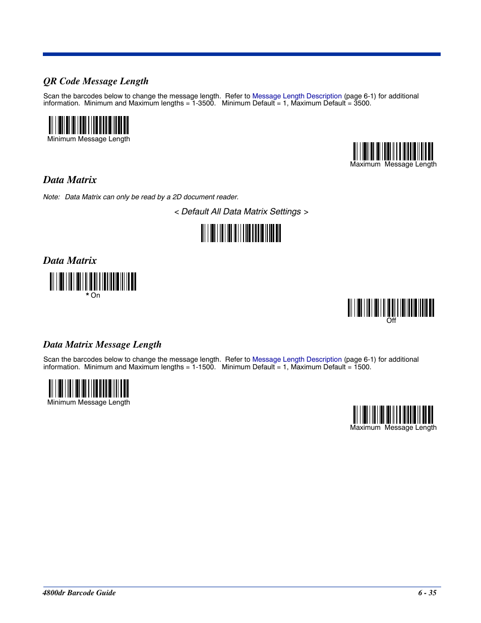 Qr code message length, Data matrix message length, Qr code message length -35 | Data matrix -35, Data matrix message length -35, Data matrix | HandHeld Entertainment Document Reader 4800dr User Manual | Page 83 / 140