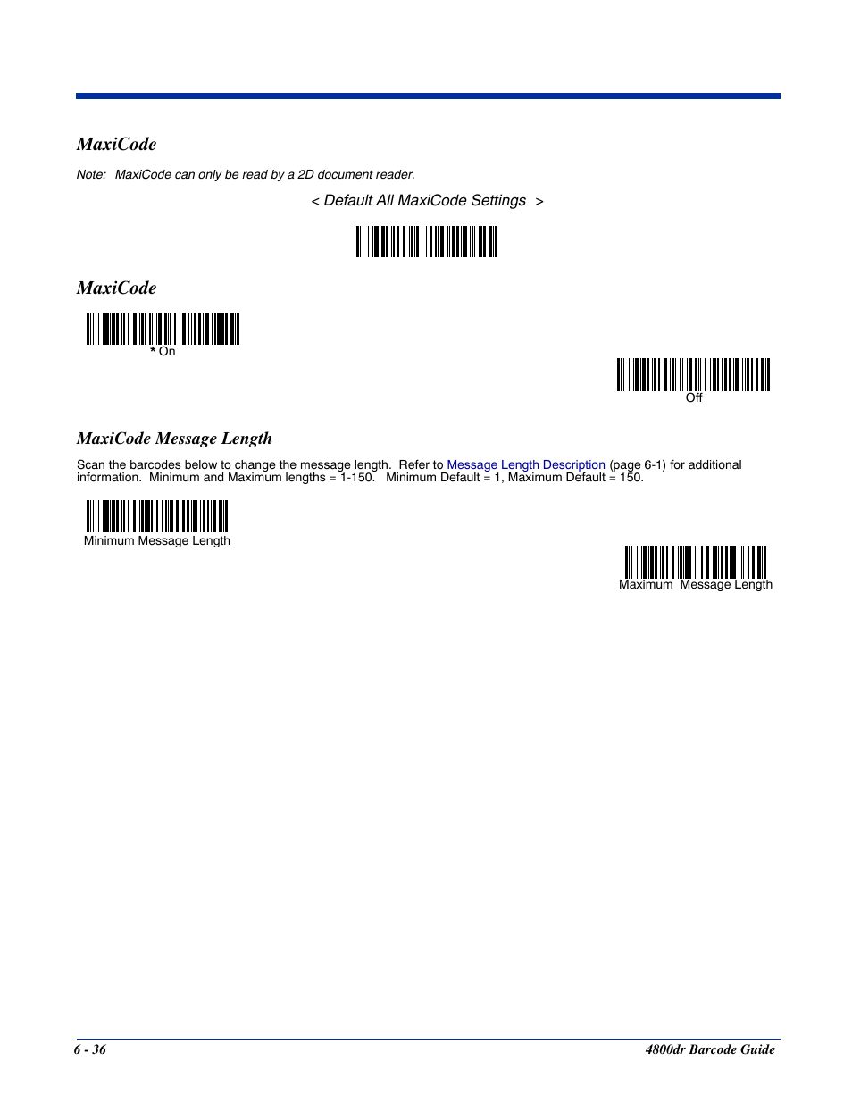 Maxicode message length, Maxicode -36, Maxicode message length -36 | Maxicode | HandHeld Entertainment Document Reader 4800dr User Manual | Page 84 / 140