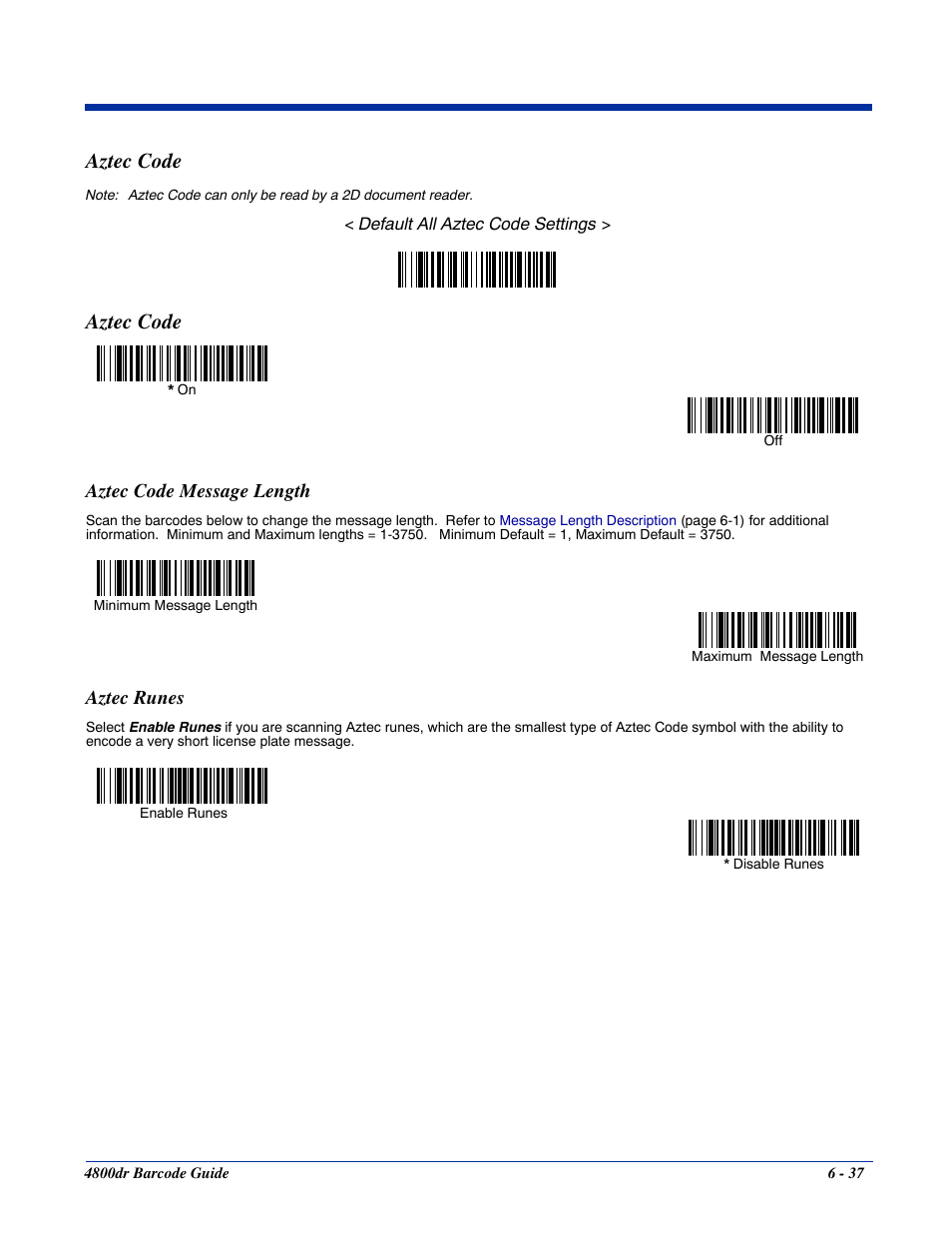 Aztec code message length, Aztec runes, Aztec code -37 | Aztec code message length -37 aztec runes -37, Aztec code | HandHeld Entertainment Document Reader 4800dr User Manual | Page 85 / 140