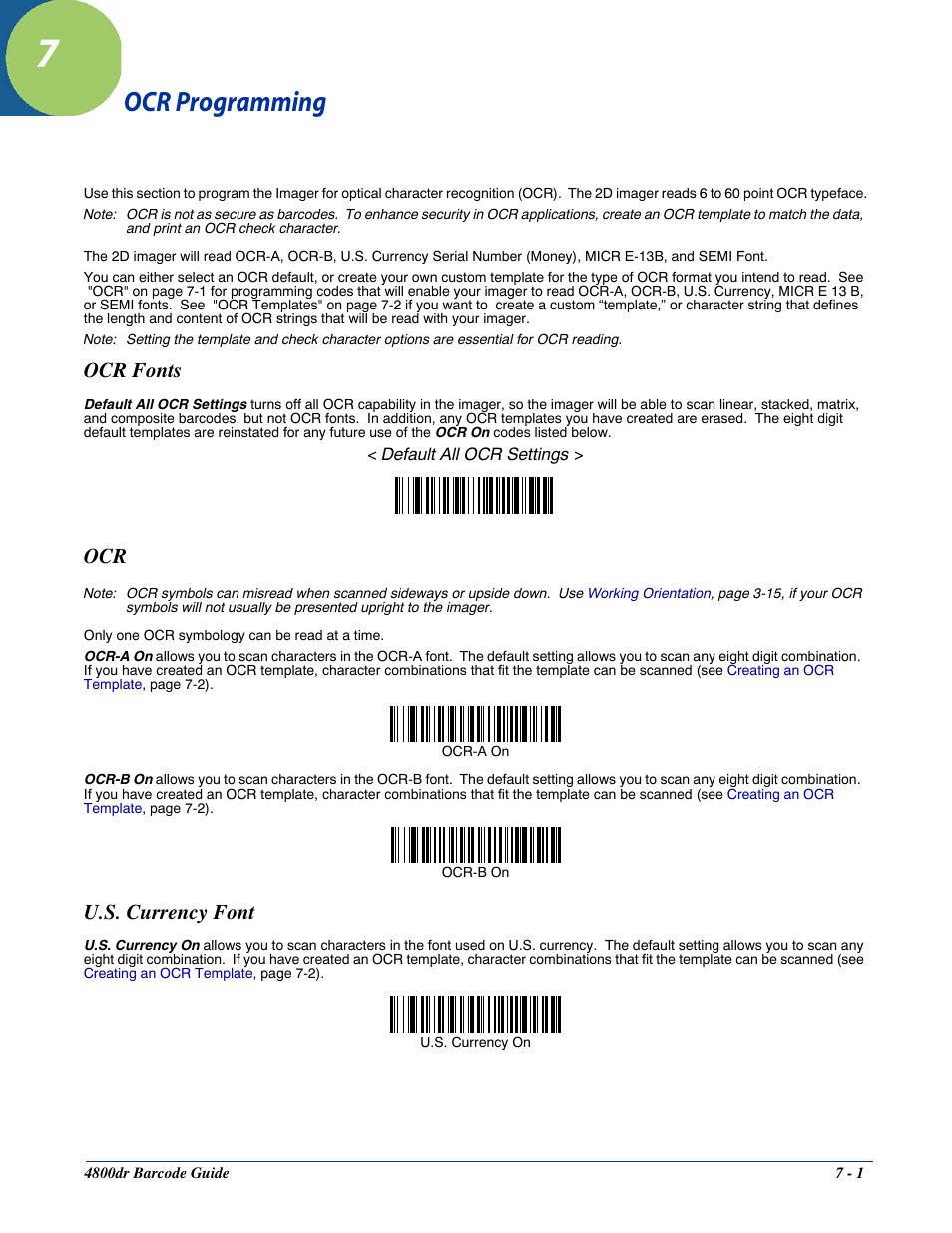 Ocr programming, Chapter 7 - ocr programming, Ocr fonts -1 ocr -1 u.s. currency font -1 | Ocr fonts, U.s. currency font | HandHeld Entertainment Document Reader 4800dr User Manual | Page 87 / 140