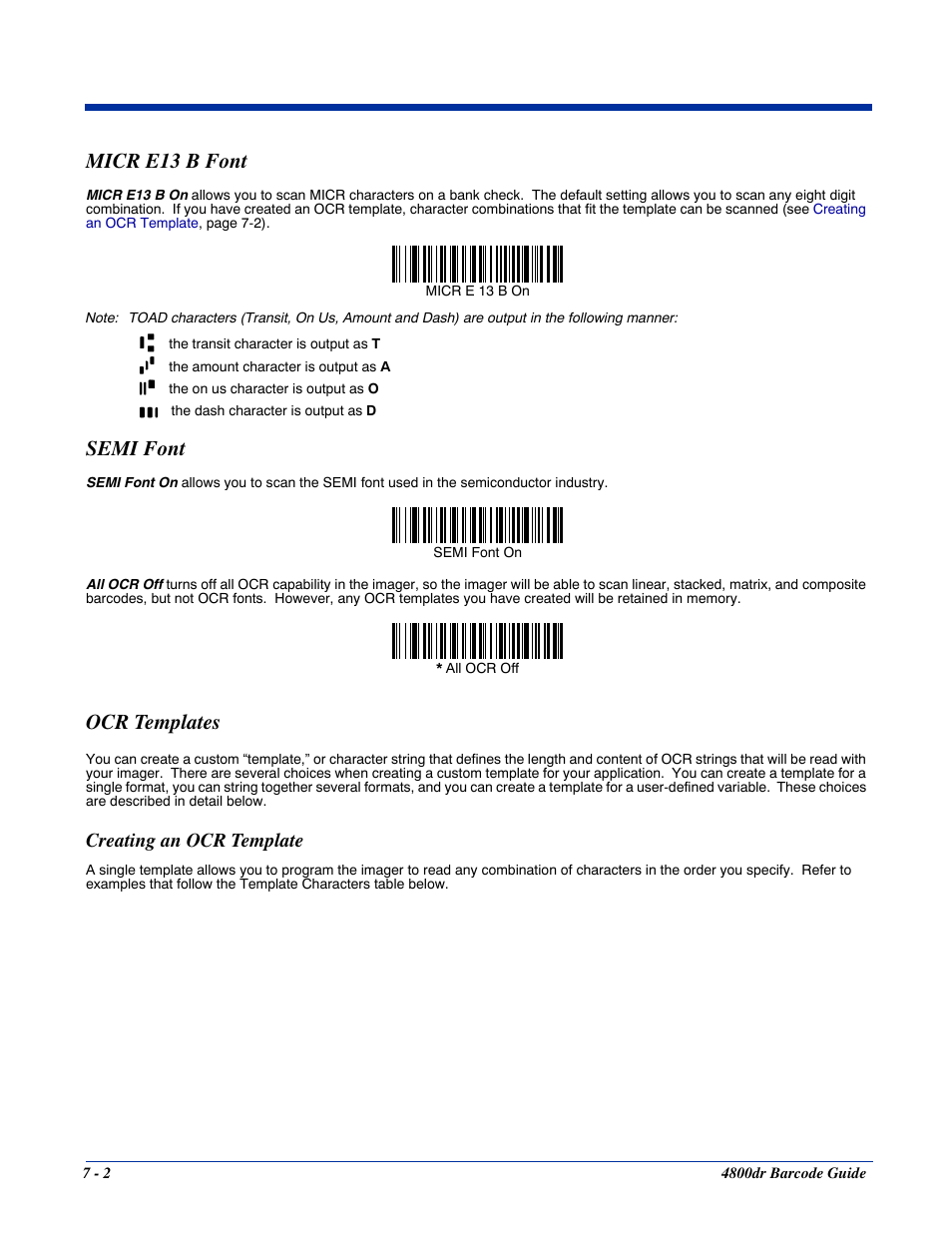 Ocr templates, Creating an ocr template, Micr e13 b font -2 semi font -2 ocr templates -2 | Creating an ocr template -2, Creating an ocr, Template, Micr e13 b font, Semi font | HandHeld Entertainment Document Reader 4800dr User Manual | Page 88 / 140