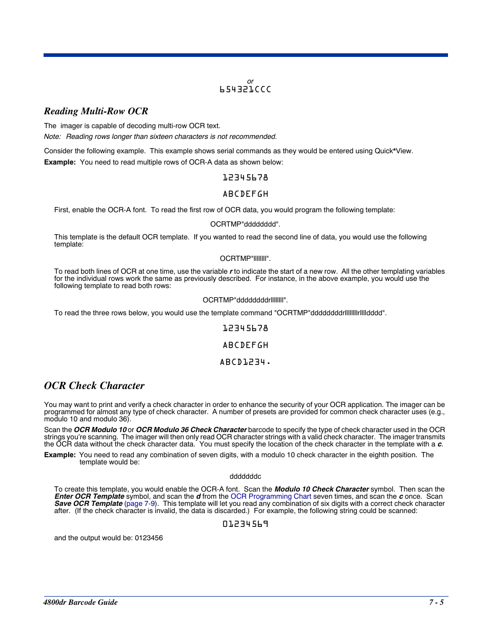 Reading multi-row ocr, Ocr check character, Reading multi-row ocr -5 | Ocr check character -5 | HandHeld Entertainment Document Reader 4800dr User Manual | Page 91 / 140