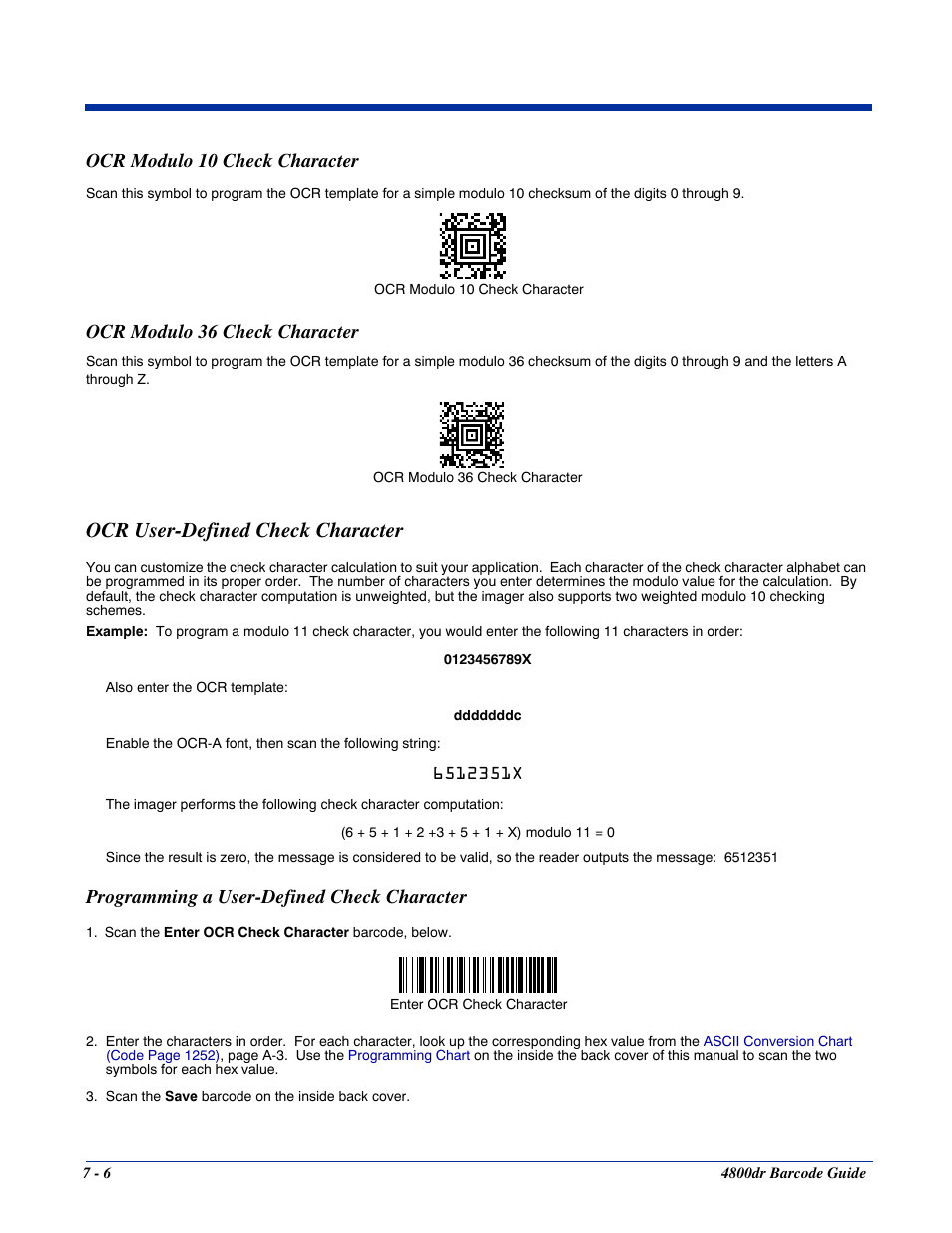 Ocr modulo 10 check character, Ocr modulo 36 check character, Ocr user-defined check character | Ocr user-defined check character -6, Programming a user-defined check character | HandHeld Entertainment Document Reader 4800dr User Manual | Page 92 / 140