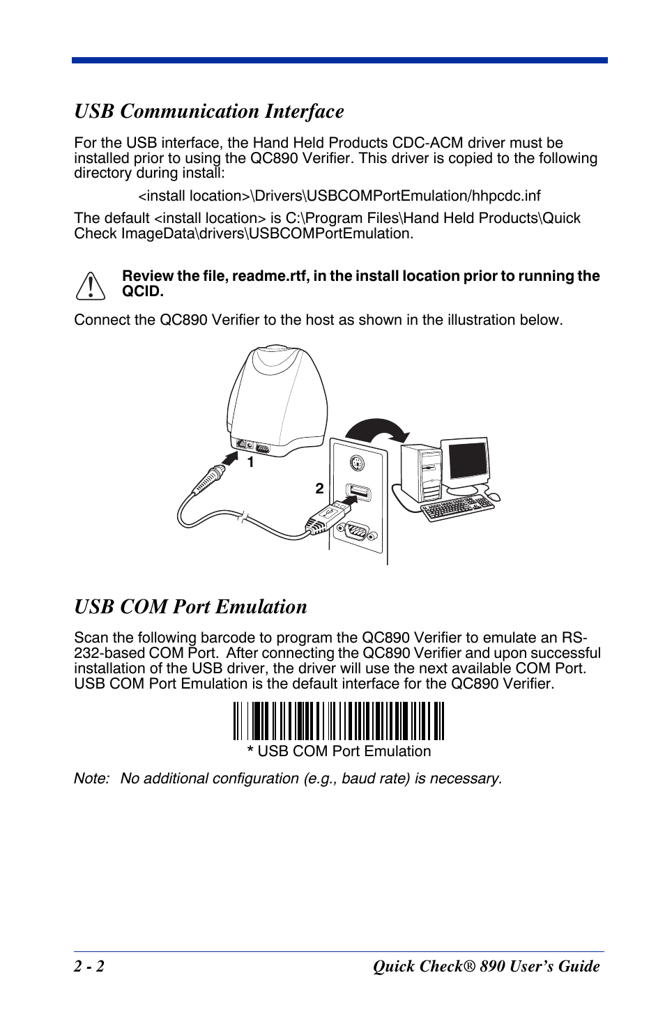 Usb communication interface, Usb com port emulation | HandHeld Entertainment Quick Check ImageData Barcode Verifier Quick Check 890 User Manual | Page 10 / 40
