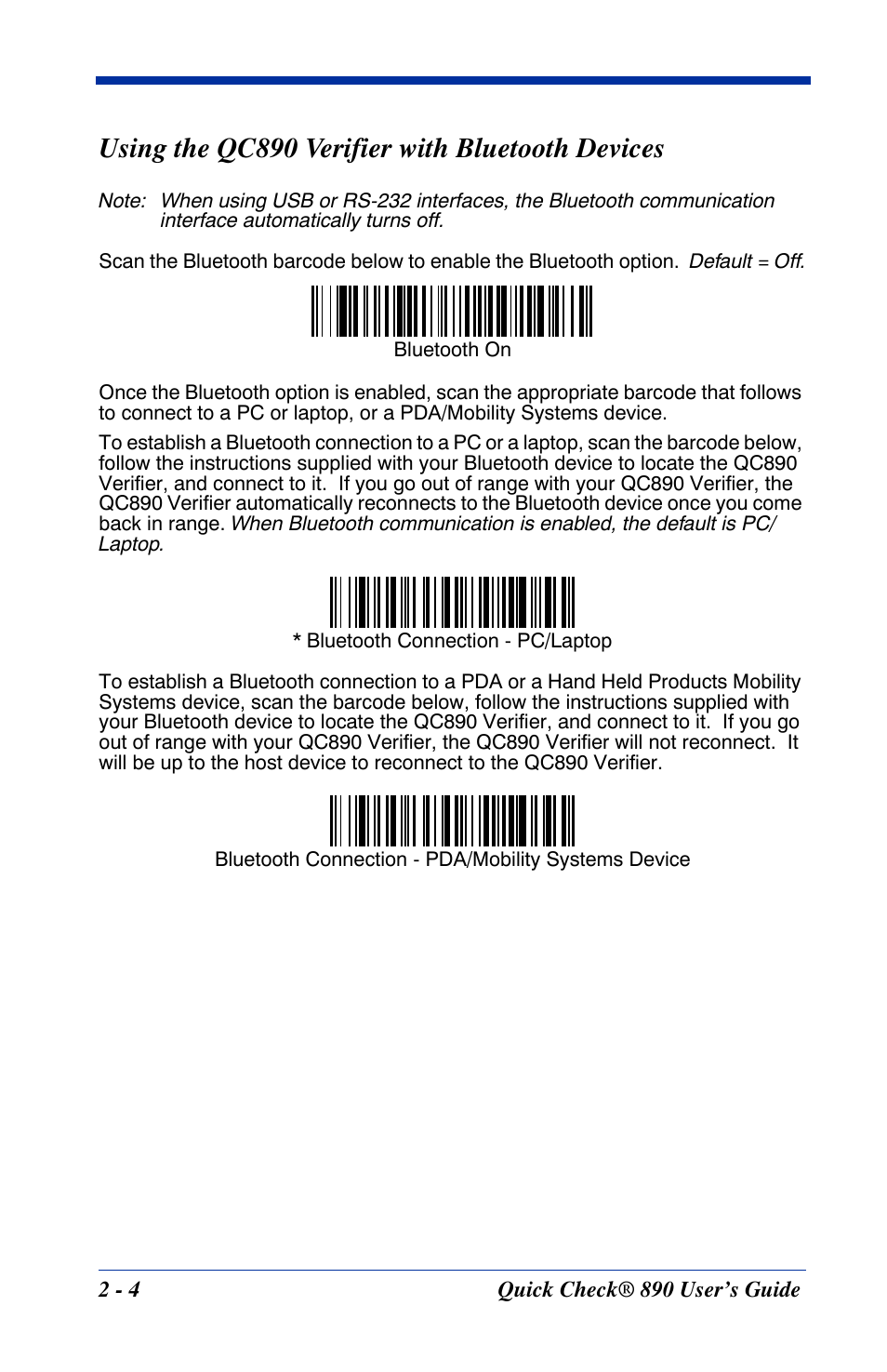 Using the qc890 verifier with bluetooth devices, Using the qc890 verifier with bluetooth devices -4 | HandHeld Entertainment Quick Check ImageData Barcode Verifier Quick Check 890 User Manual | Page 12 / 40