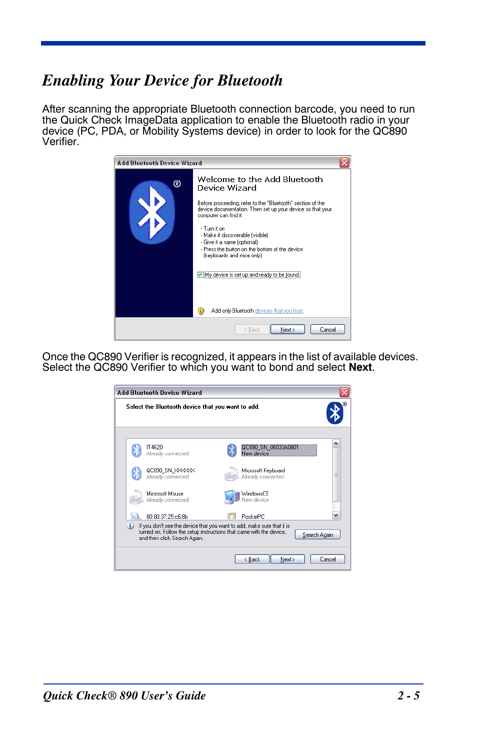 Enabling your device for bluetooth, Enabling your device for bluetooth -5 | HandHeld Entertainment Quick Check ImageData Barcode Verifier Quick Check 890 User Manual | Page 13 / 40