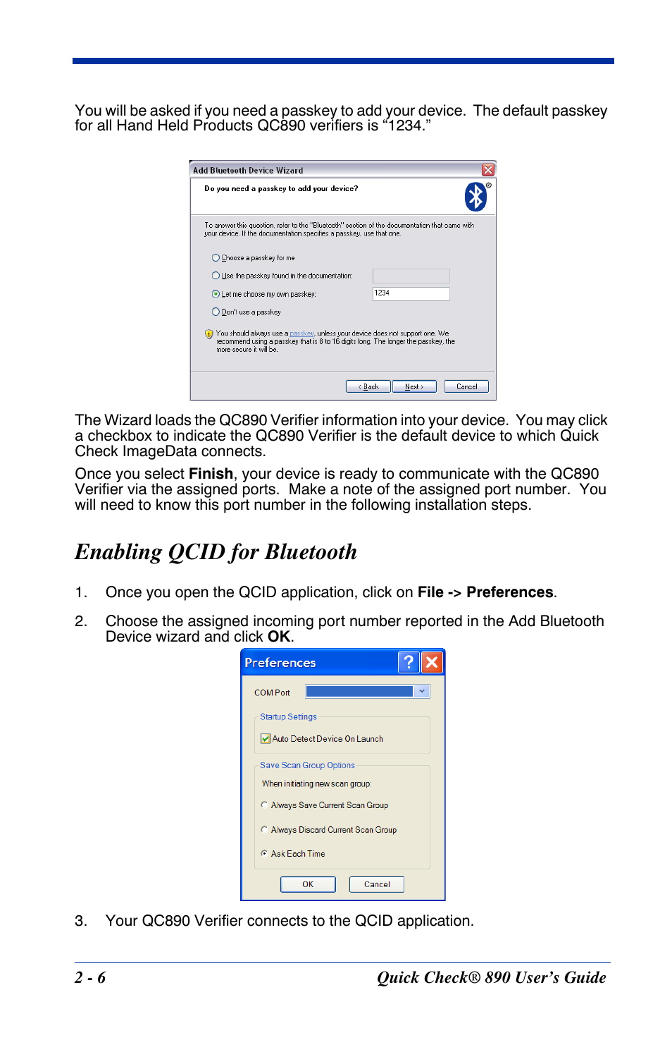 Enabling qcid for bluetooth, Enabling qcid for bluetooth -6 | HandHeld Entertainment Quick Check ImageData Barcode Verifier Quick Check 890 User Manual | Page 14 / 40