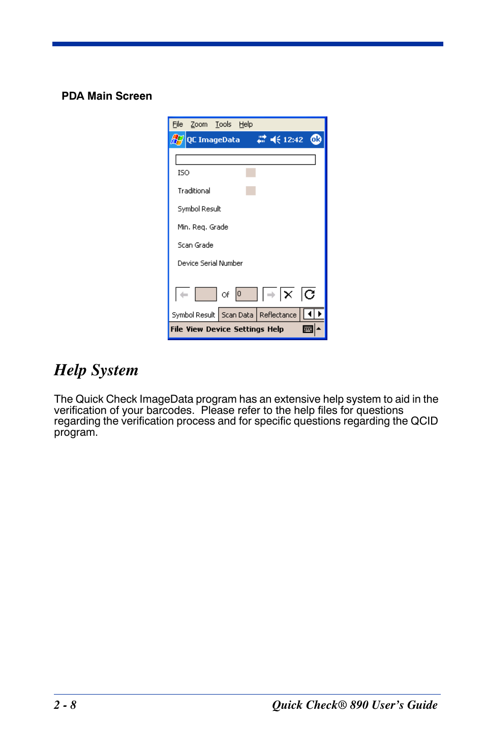 Help system, Help system -8 | HandHeld Entertainment Quick Check ImageData Barcode Verifier Quick Check 890 User Manual | Page 16 / 40