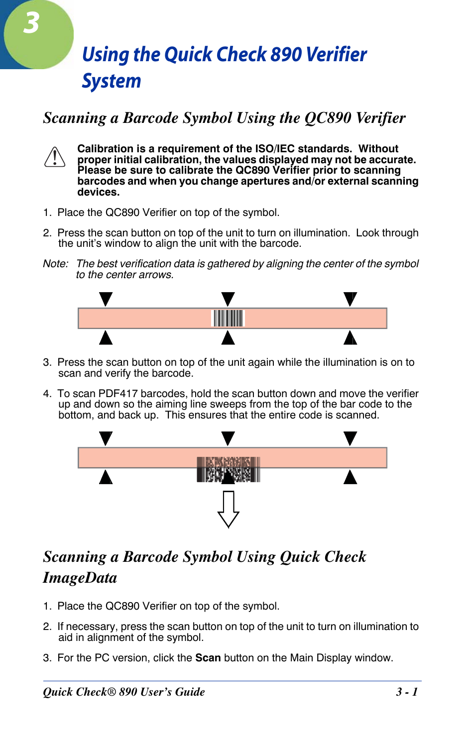 Using the quick check 890 verifier system, Scanning a barcode symbol using the qc890 verifier, Quick check imagedata -1 | HandHeld Entertainment Quick Check ImageData Barcode Verifier Quick Check 890 User Manual | Page 17 / 40