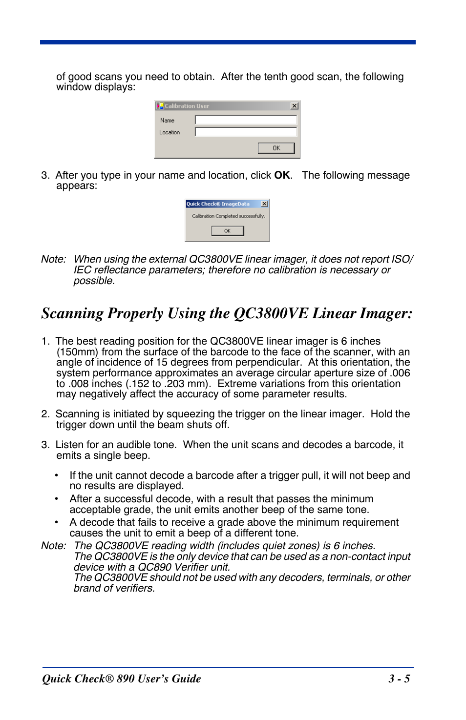 Scanning properly using the qc3800ve linear imager, Imager. refer to | HandHeld Entertainment Quick Check ImageData Barcode Verifier Quick Check 890 User Manual | Page 21 / 40