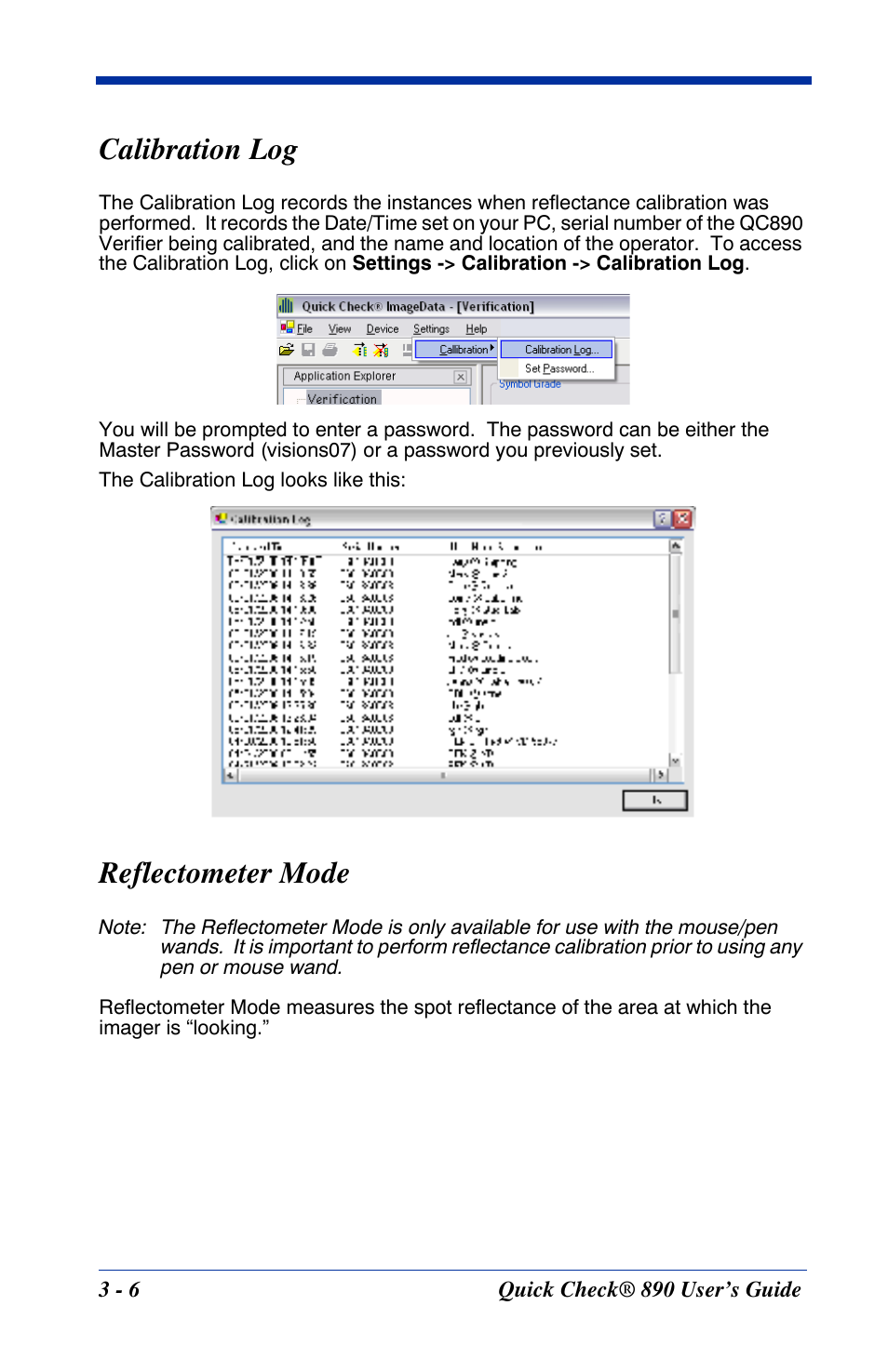 Calibration log, Reflectometer mode, Calibration log -6 reflectometer mode -6 | HandHeld Entertainment Quick Check ImageData Barcode Verifier Quick Check 890 User Manual | Page 22 / 40