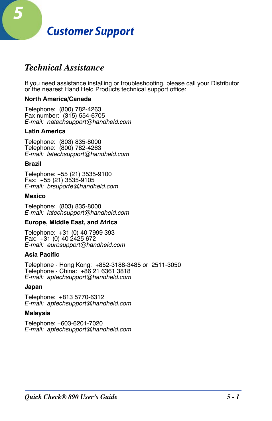 Customer support, Technical assistance, Chapter 5 - customer support | Technical assistance -1, Rvice and repair department for details (see, Technical, Assistance, Number (see | HandHeld Entertainment Quick Check ImageData Barcode Verifier Quick Check 890 User Manual | Page 27 / 40