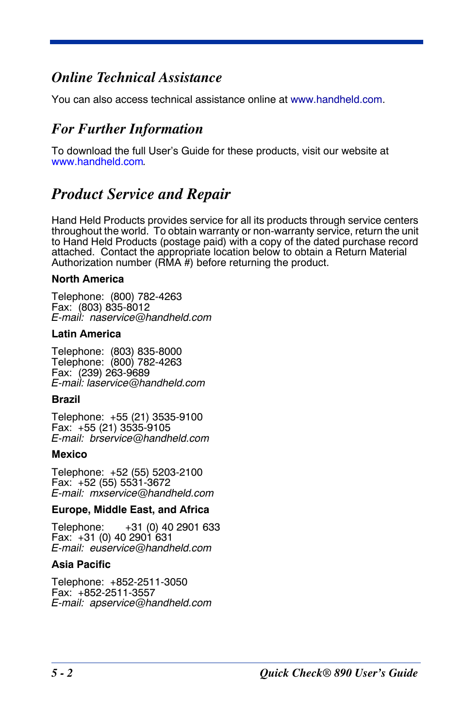 Online technical assistance, For further information, Product service and repair | Product service and repair -2 | HandHeld Entertainment Quick Check ImageData Barcode Verifier Quick Check 890 User Manual | Page 28 / 40