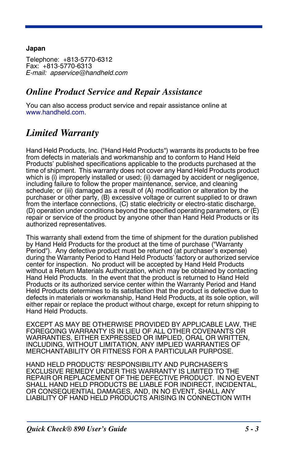 Online product service and repair assistance, Limited warranty, Online product service and repair assistance -3 | Limited warranty -3 | HandHeld Entertainment Quick Check ImageData Barcode Verifier Quick Check 890 User Manual | Page 29 / 40