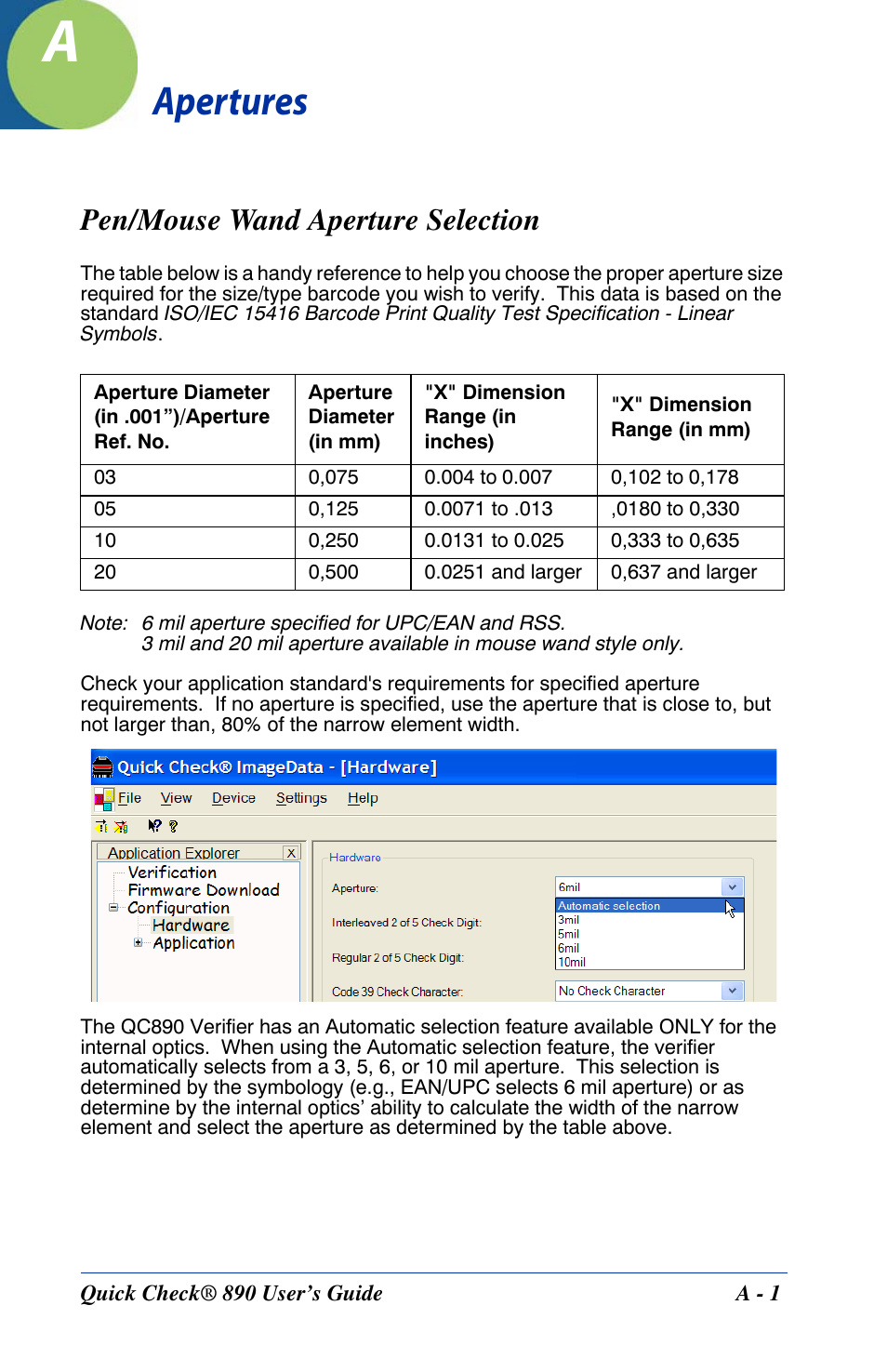 Pen/mouse wand aperture selection, Appendix a - apertures, Apertures | HandHeld Entertainment Quick Check ImageData Barcode Verifier Quick Check 890 User Manual | Page 31 / 40