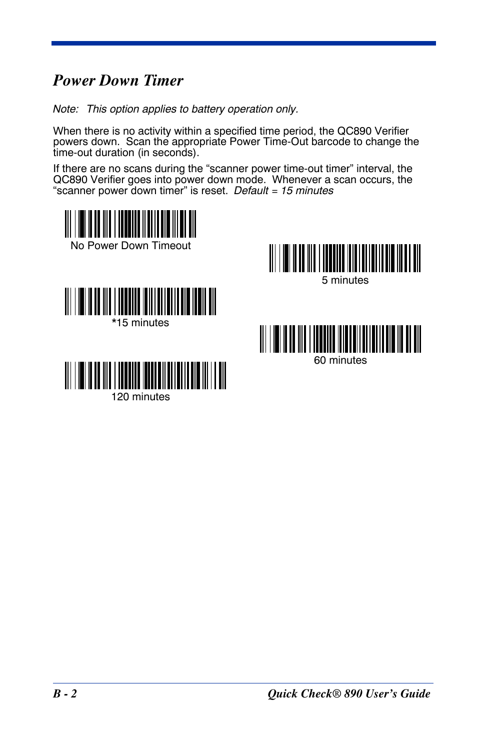 Power down timer | HandHeld Entertainment Quick Check ImageData Barcode Verifier Quick Check 890 User Manual | Page 34 / 40