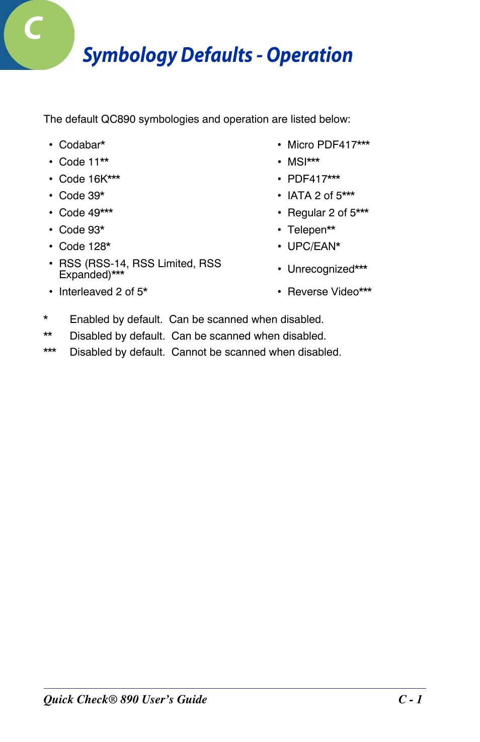 Appendix c - symbology defaults - operation, Symbology defaults - operation | HandHeld Entertainment Quick Check ImageData Barcode Verifier Quick Check 890 User Manual | Page 35 / 40