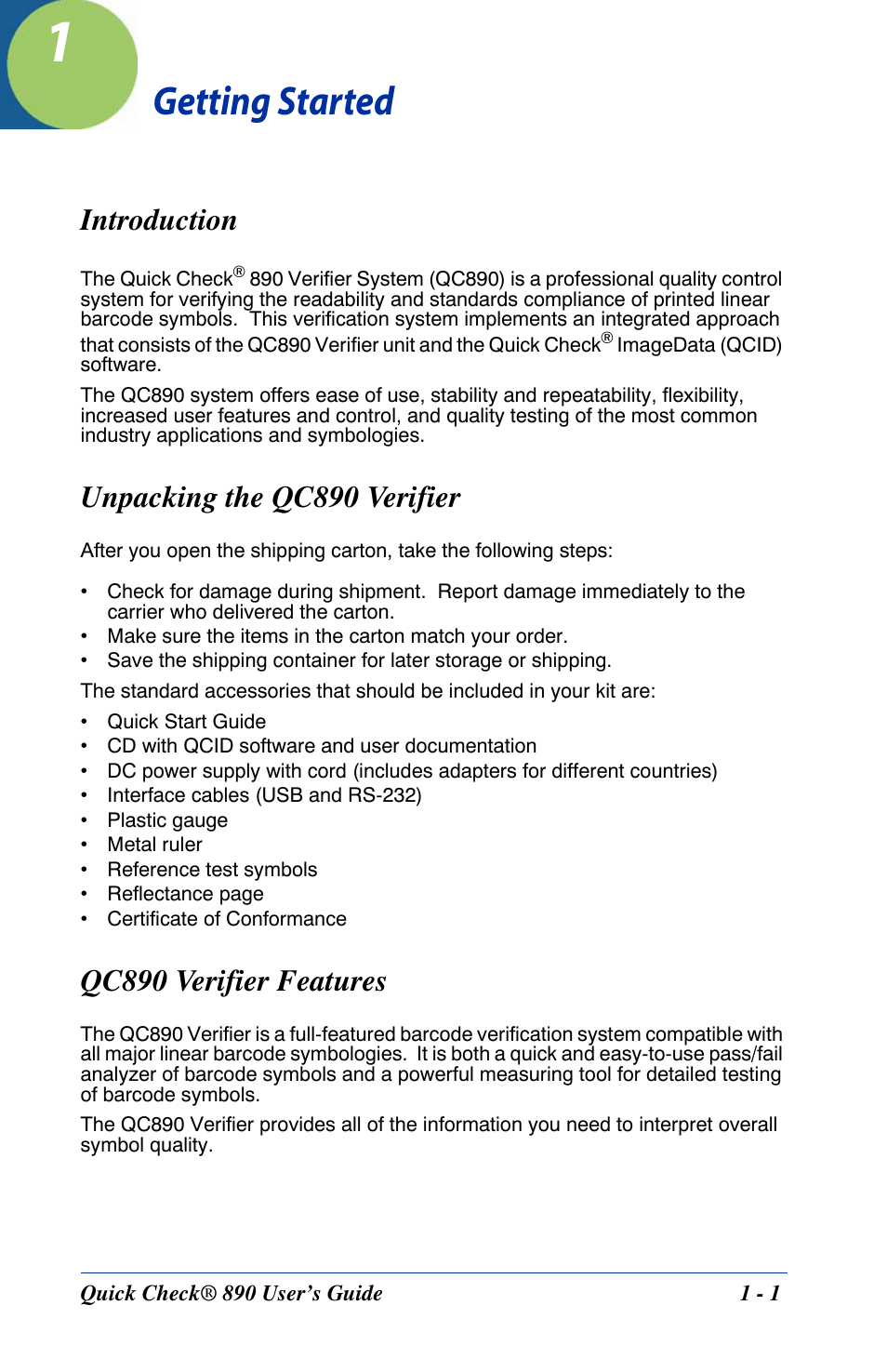 Getting started, Introduction, Unpacking the qc890 verifier | Qc890 verifier features, Chapter 1 - getting started | HandHeld Entertainment Quick Check ImageData Barcode Verifier Quick Check 890 User Manual | Page 5 / 40