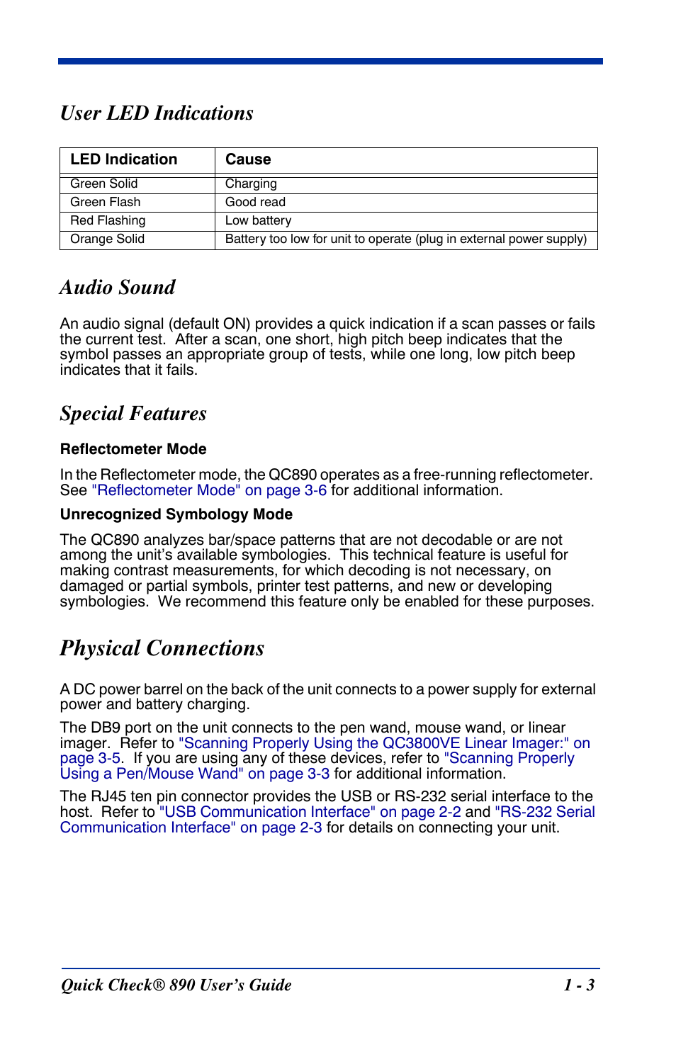 User led indications, Physical connections, User led indications -3 | Physical connections -3, User led indications audio sound, Special features | HandHeld Entertainment Quick Check ImageData Barcode Verifier Quick Check 890 User Manual | Page 7 / 40