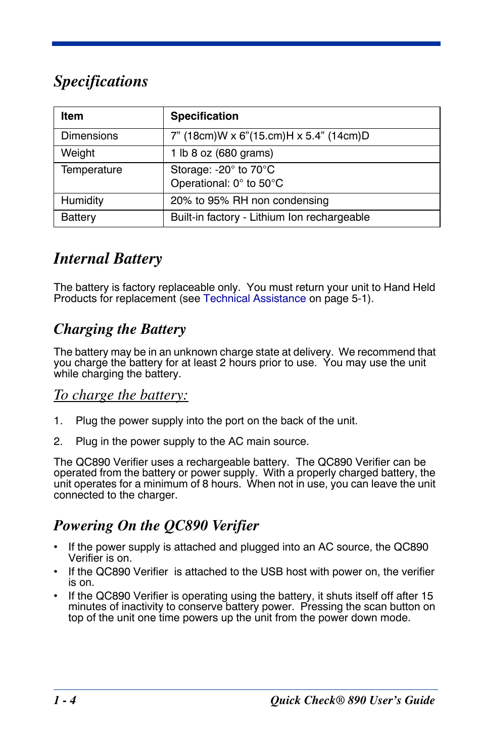 Specifications, Internal battery, Charging the battery | Powering on the qc890 verifier, Specifications -4 internal battery -4, Specifications internal battery | HandHeld Entertainment Quick Check ImageData Barcode Verifier Quick Check 890 User Manual | Page 8 / 40