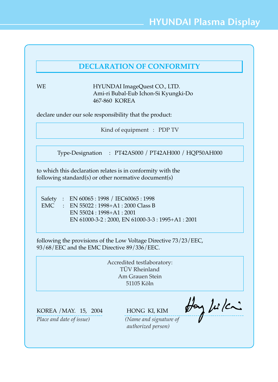 Hyundai plasma display, Declaration of conformity | Hyundai ImageQuest HQP421SR User Manual | Page 3 / 98