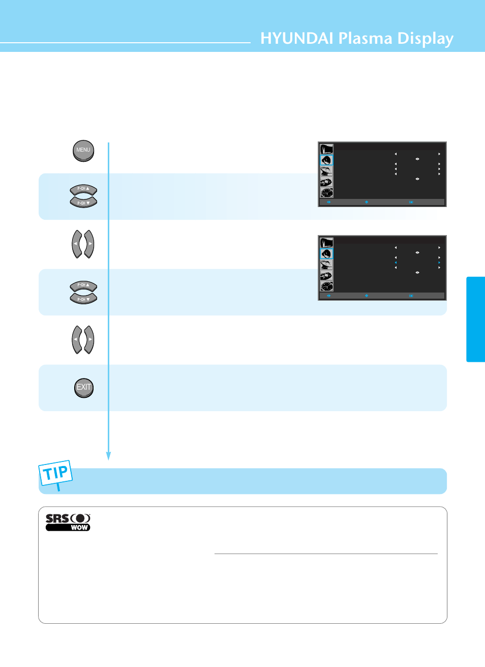 How to select srs wow(surround), Hyundai plasma display, Sound setup | Exit | Hyundai ImageQuest HQP421SR User Manual | Page 53 / 98