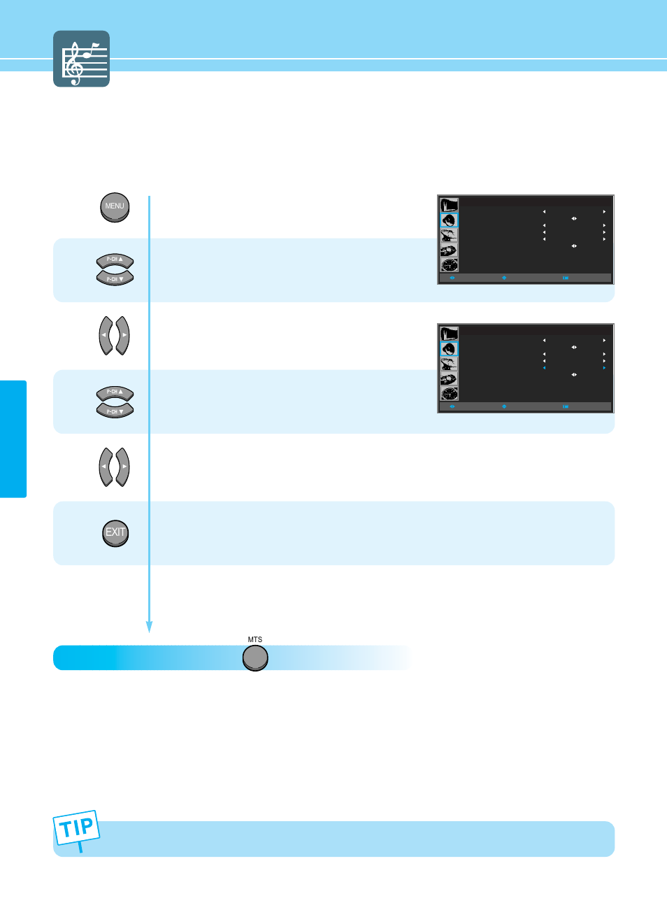How to select mts(multi-channel sound), Sound setup, Exit | Hyundai ImageQuest HQP421SR User Manual | Page 54 / 98