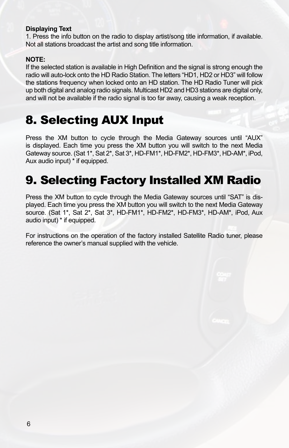 Selecting aux input, Selecting factory installed xm radio | Hyundai PGHHY2 User Manual | Page 8 / 12