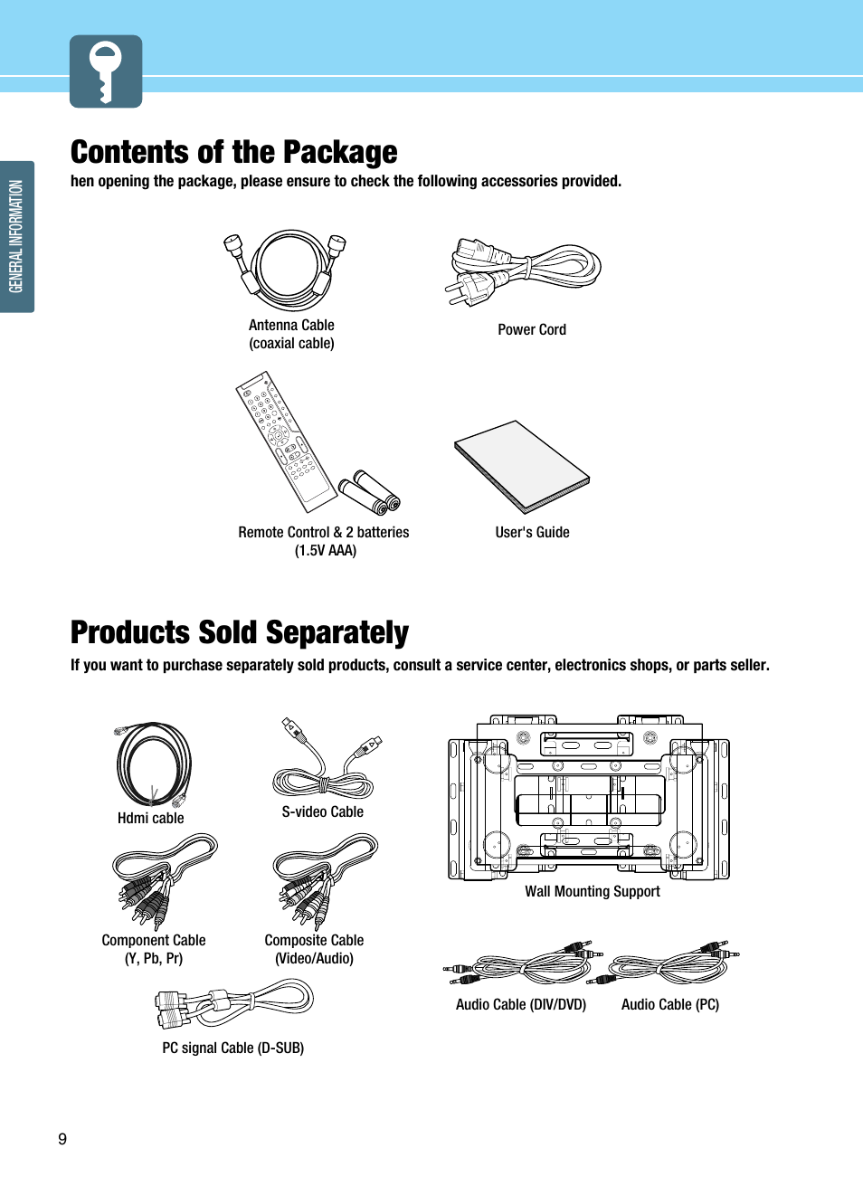 Contents of the package, Products sold separately | Hyundai ImageQuest Q321 User Manual | Page 12 / 87