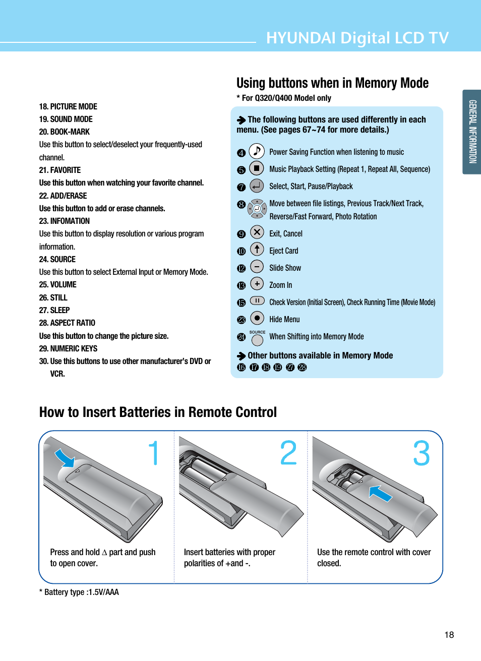 Hyundai digital lcd tv, How to insert batteries in remote control | Hyundai ImageQuest Q321 User Manual | Page 21 / 87