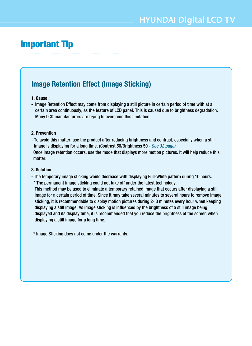 Important tip, Hyundai digital lcd tv, Image retention effect (image sticking) | Hyundai ImageQuest Q321 User Manual | Page 3 / 87