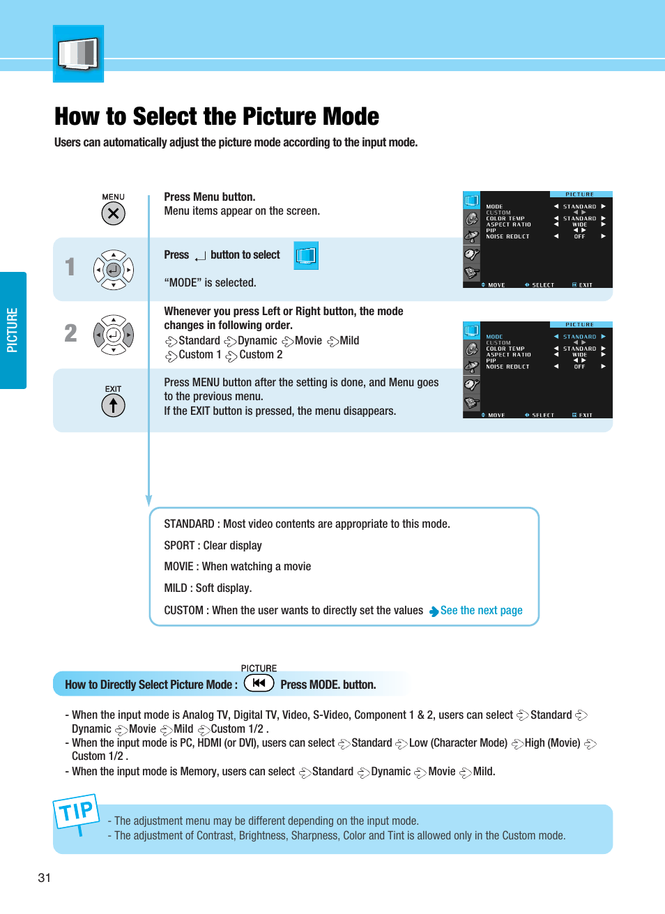 12 how to select the picture mode | Hyundai ImageQuest Q321 User Manual | Page 34 / 87