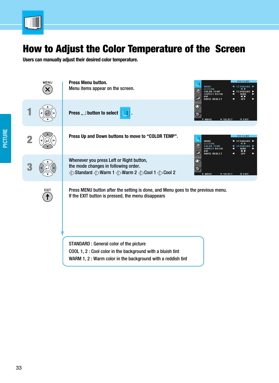 How to adjust the color temperature of the screen | Hyundai ImageQuest Q321 User Manual | Page 36 / 87