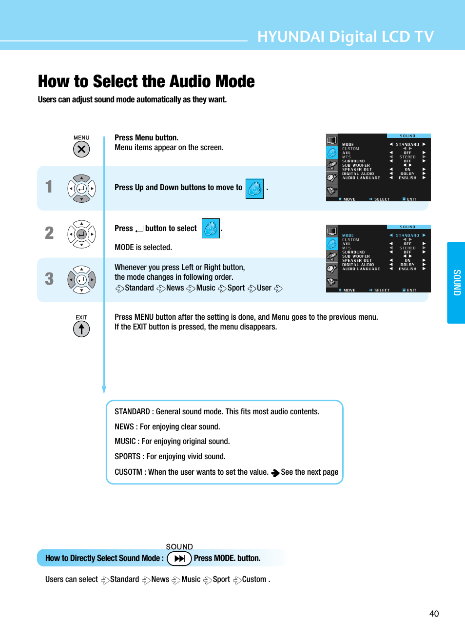 How to select the audio mode, Hyundai digital lcd tv | Hyundai ImageQuest Q321 User Manual | Page 43 / 87