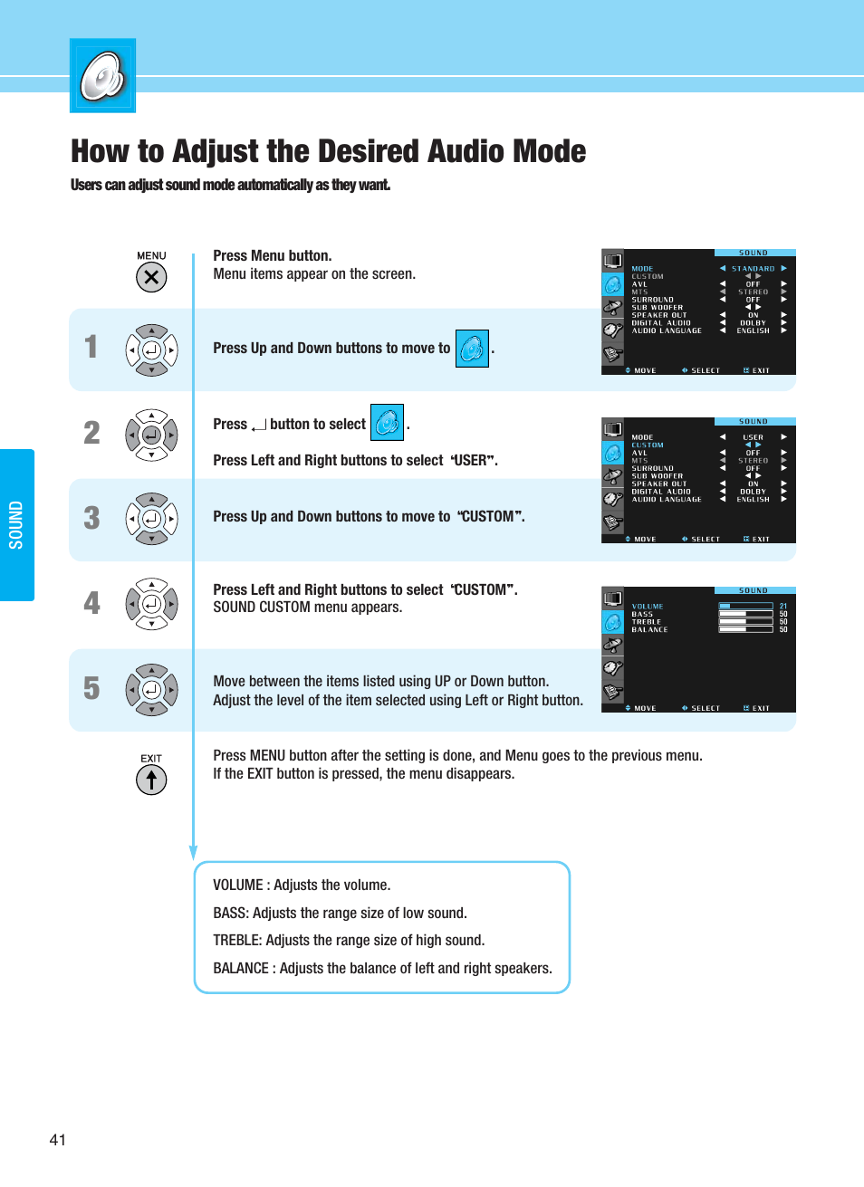 How to adjust the desired audio mode | Hyundai ImageQuest Q321 User Manual | Page 44 / 87