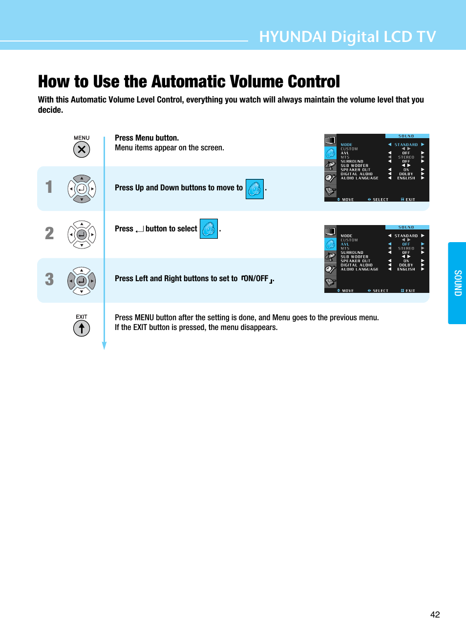 How to use the automatic volume control, Hyundai digital lcd tv | Hyundai ImageQuest Q321 User Manual | Page 45 / 87