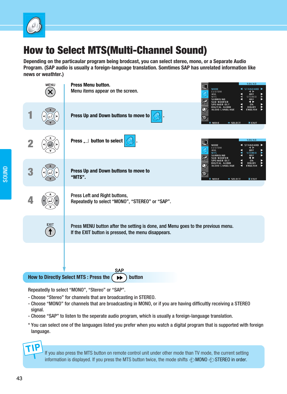 How to select mts(multi-channel sound) | Hyundai ImageQuest Q321 User Manual | Page 46 / 87