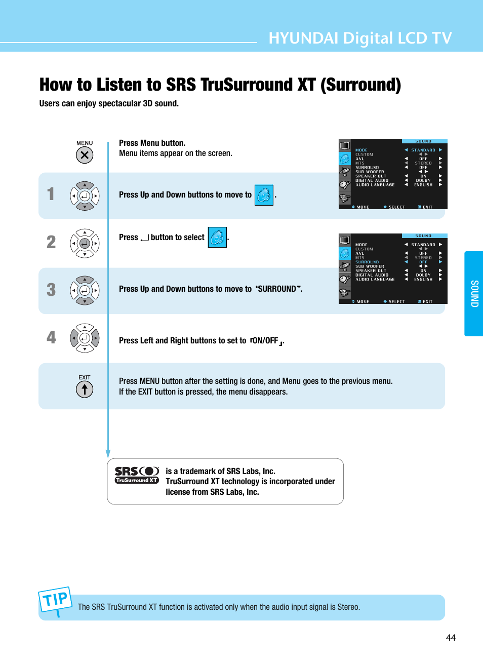 How to listen to srs trusurround xt (surround), Hyundai digital lcd tv | Hyundai ImageQuest Q321 User Manual | Page 47 / 87