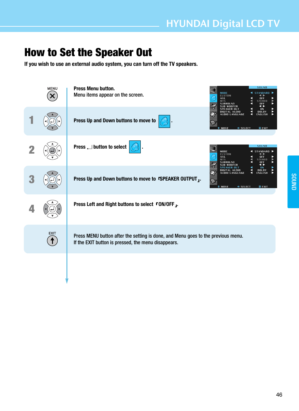 How to set the speaker out, Hyundai digital lcd tv | Hyundai ImageQuest Q321 User Manual | Page 49 / 87