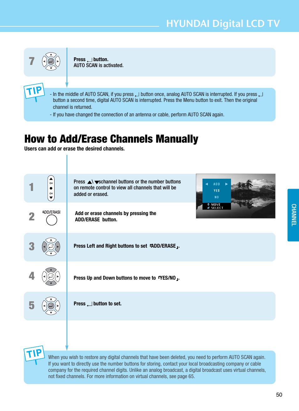 How to add/erase channels manually, Hyundai digital lcd tv | Hyundai ImageQuest Q321 User Manual | Page 53 / 87