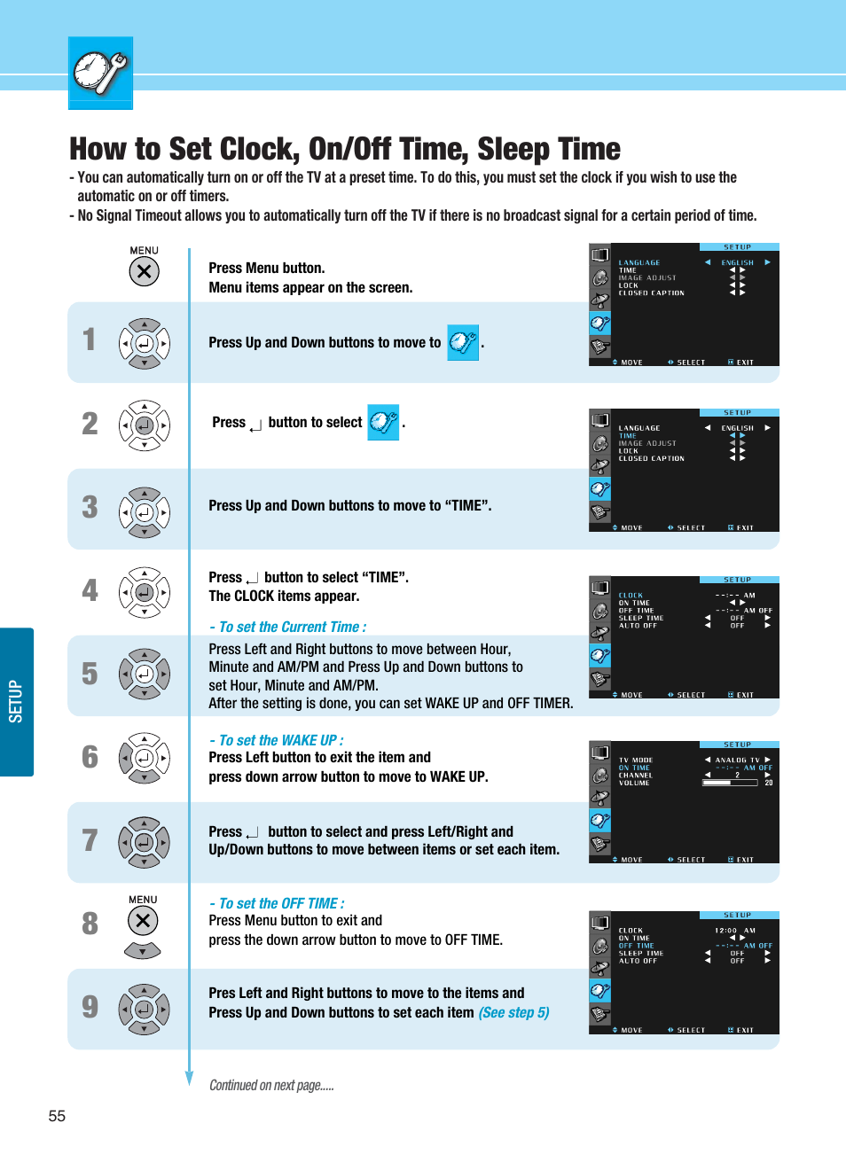 How to set clock, on/off time, sleep time | Hyundai ImageQuest Q321 User Manual | Page 58 / 87