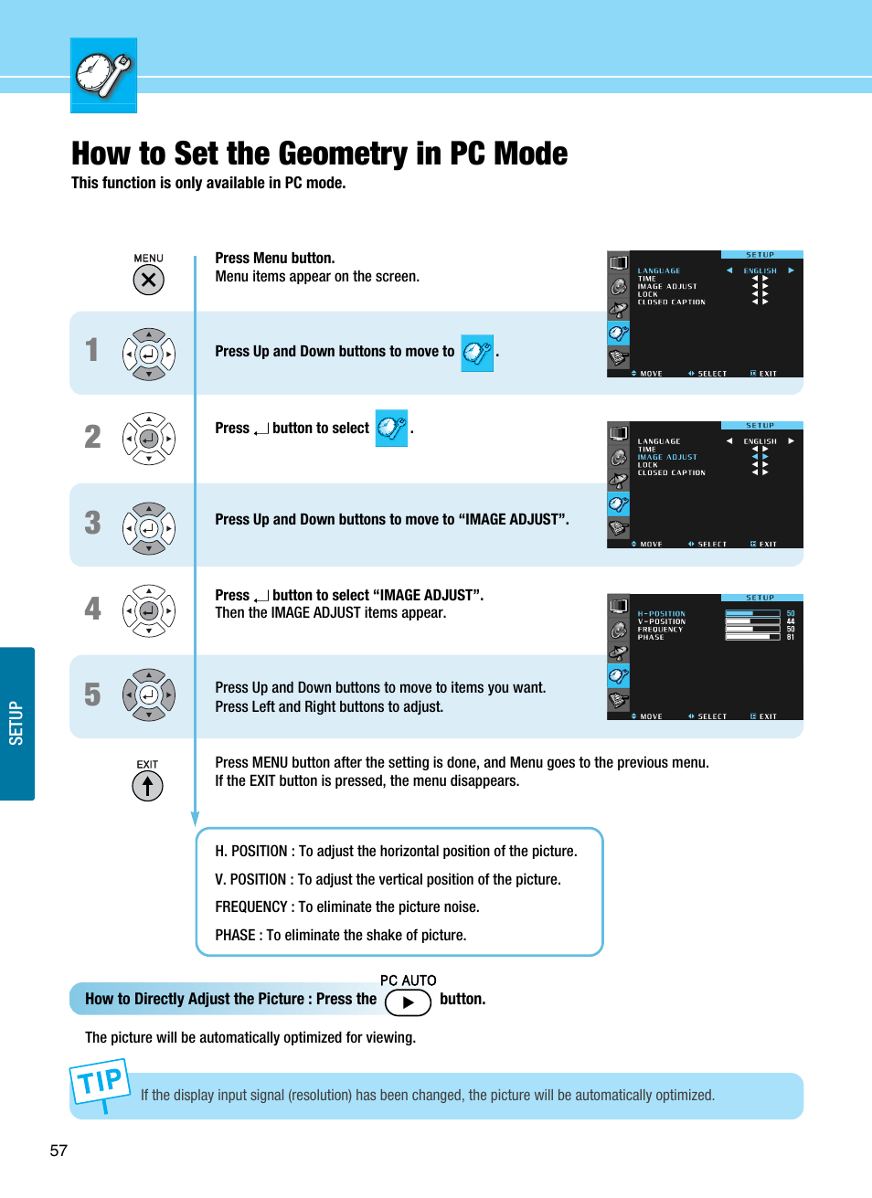 How to set the geometry in pc mode | Hyundai ImageQuest Q321 User Manual | Page 60 / 87