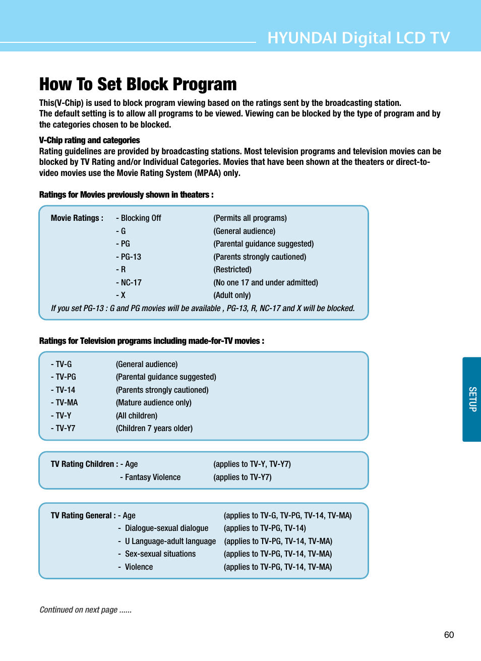 How to set block program, Hyundai digital lcd tv | Hyundai ImageQuest Q321 User Manual | Page 63 / 87