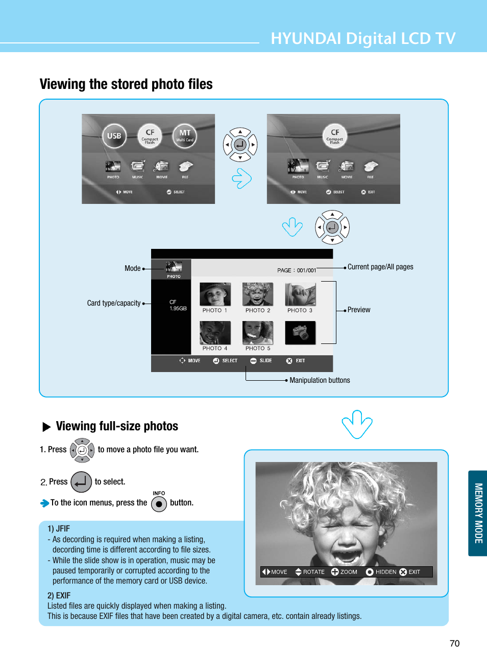 Hyundai digital lcd tv, Viewing the stored photo files, Viewing full-size photos | Hyundai ImageQuest Q321 User Manual | Page 73 / 87