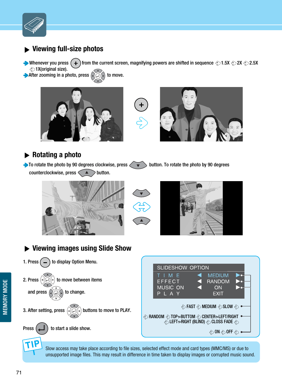 Viewing full-size photos, Rotating a photo, Viewing images using slide show | Hyundai ImageQuest Q321 User Manual | Page 74 / 87
