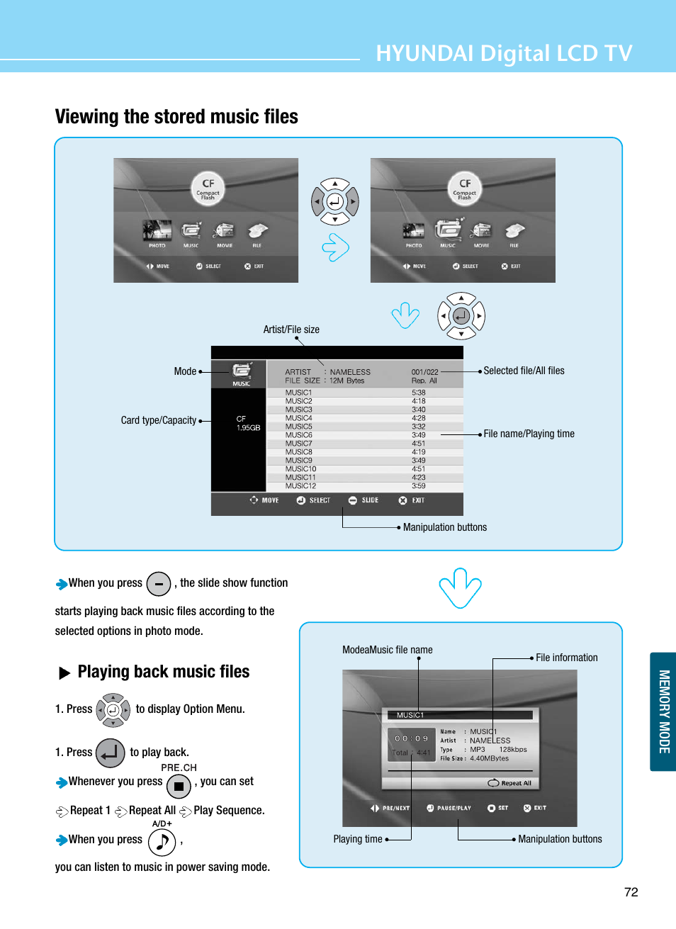 Hyundai digital lcd tv, Viewing the stored music files, Playing back music files | Hyundai ImageQuest Q321 User Manual | Page 75 / 87